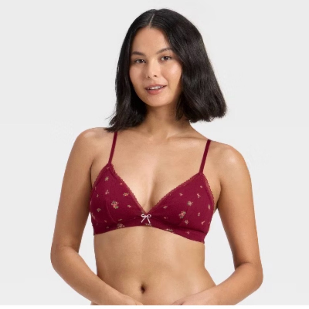 Wild Fable Pointelle Women's Triangle Floral Print Bralette - Burgundy